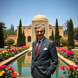 A historical representation of Mohammad Reza Shah, the last Shah of Iran, standing gracefully in the beautiful gardens of Hafezieh in Shiraz