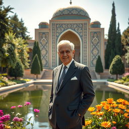 A historical representation of Mohammad Reza Shah, the last Shah of Iran, standing gracefully in the beautiful gardens of Hafezieh in Shiraz