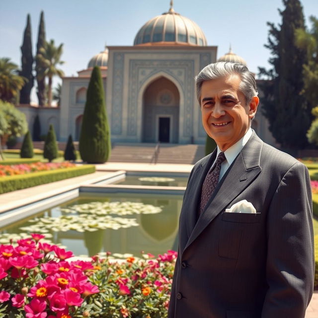 A historical representation of Mohammad Reza Shah, the last Shah of Iran, standing gracefully in the beautiful gardens of Hafezieh in Shiraz