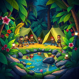 A vibrant cartoon scene depicting an army camp set in a lush jungle environment