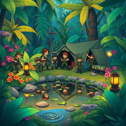 A vibrant cartoon scene depicting an army camp set in a lush jungle environment