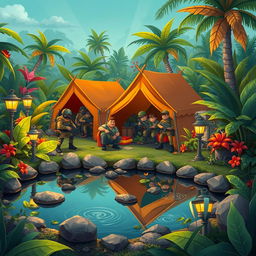 A vibrant cartoon scene depicting an army camp set in a lush jungle environment