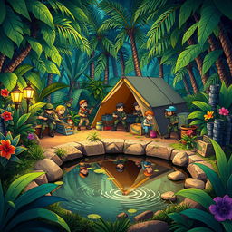 A vibrant cartoon scene depicting an army camp set in a lush jungle environment