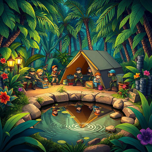 A vibrant cartoon scene depicting an army camp set in a lush jungle environment