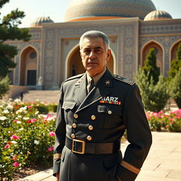 A historical portrayal of Mohammad Reza Shah Pahlavi, the last Shah of Iran, standing elegantly in front of the Hafez Mausoleum in Shiraz