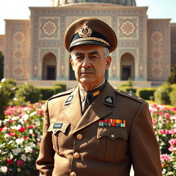 A historical portrayal of Mohammad Reza Shah Pahlavi, the last Shah of Iran, standing elegantly in front of the Hafez Mausoleum in Shiraz