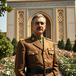 A historical portrayal of Mohammad Reza Shah Pahlavi, the last Shah of Iran, standing elegantly in front of the Hafez Mausoleum in Shiraz