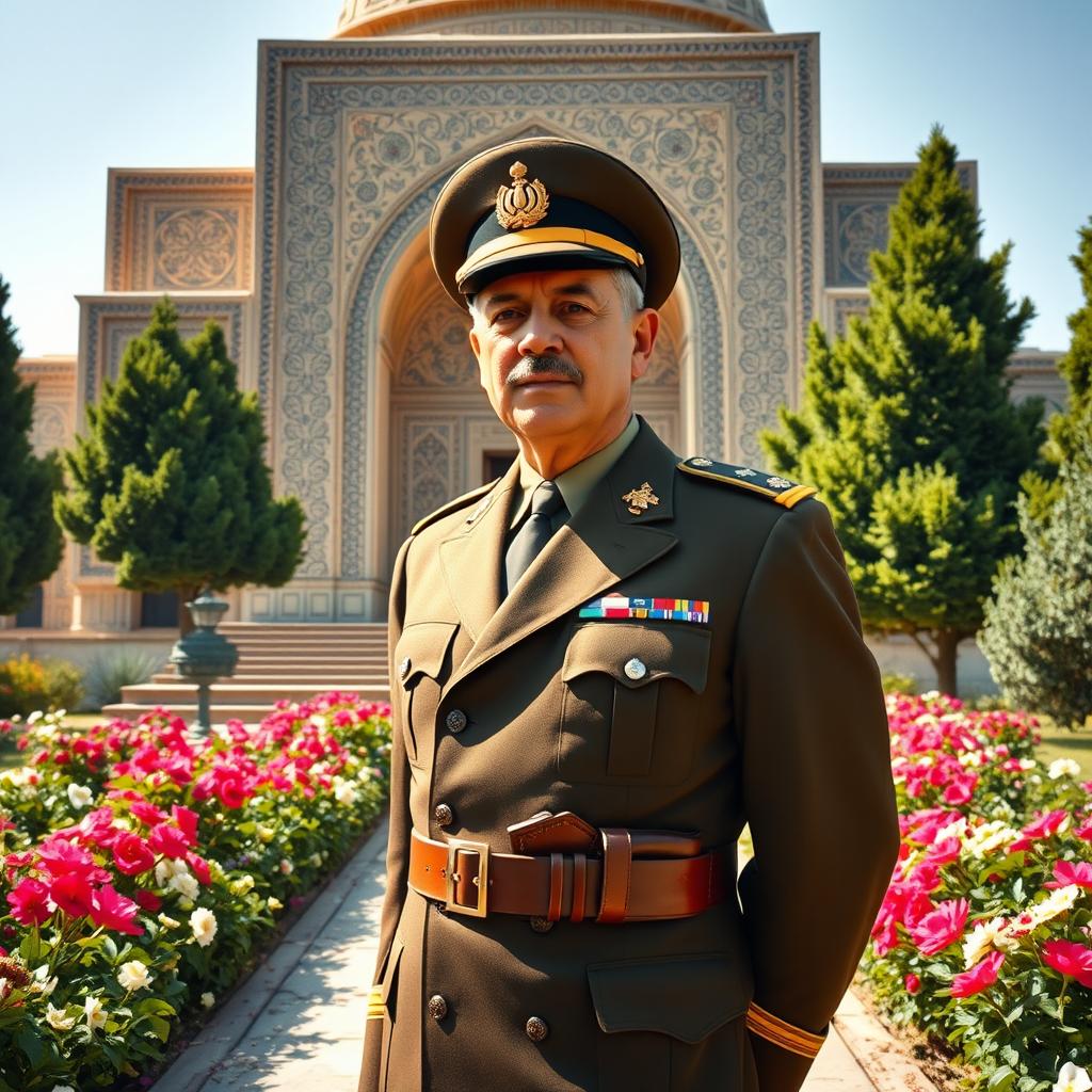 A historical portrayal of Mohammad Reza Shah Pahlavi, the last Shah of Iran, standing elegantly in front of the Hafez Mausoleum in Shiraz