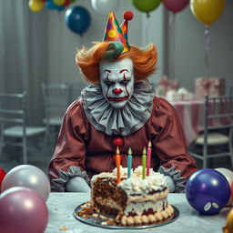 A melancholy clown sitting alone at a birthday party, surrounded by colorful balloons and a half-eaten cake