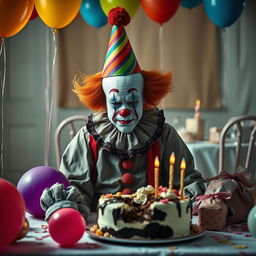 A melancholy clown sitting alone at a birthday party, surrounded by colorful balloons and a half-eaten cake