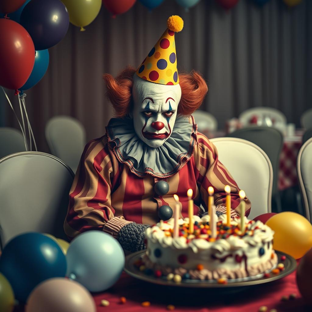 A melancholy clown sitting alone at a birthday party, surrounded by colorful balloons and a half-eaten cake