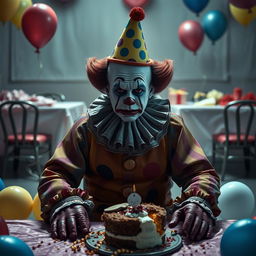 A melancholy clown sitting alone at a birthday party, surrounded by colorful balloons and a half-eaten cake