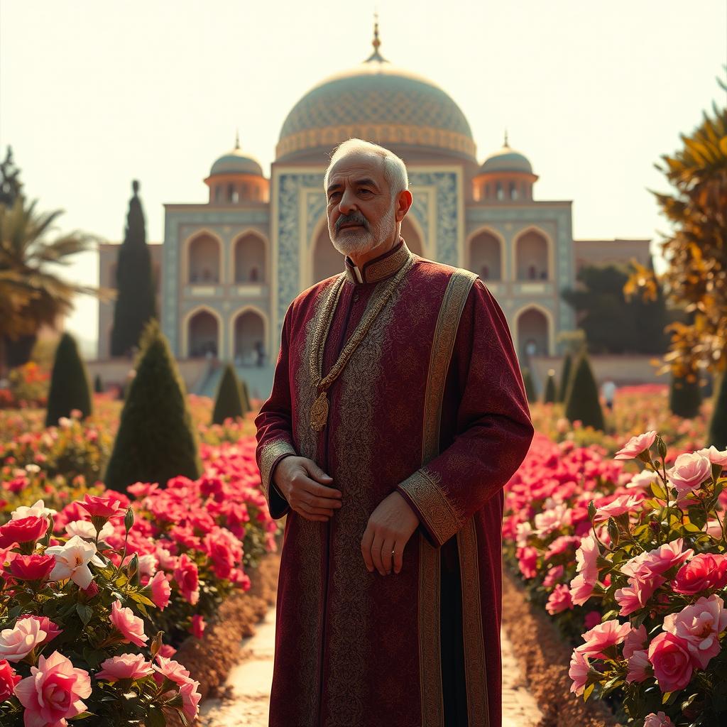 An artistic depiction of Mohammad Reza Shah Pahlavi, the last Shah of Iran, graciously standing amidst the enchanting gardens of Hafezieh in Shiraz