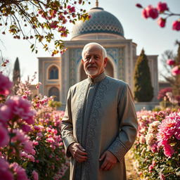 An artistic depiction of Mohammad Reza Shah Pahlavi, the last Shah of Iran, graciously standing amidst the enchanting gardens of Hafezieh in Shiraz