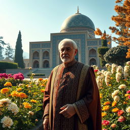 An artistic depiction of Mohammad Reza Shah Pahlavi, the last Shah of Iran, graciously standing amidst the enchanting gardens of Hafezieh in Shiraz