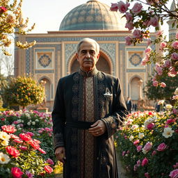 An artistic depiction of Mohammad Reza Shah Pahlavi, the last Shah of Iran, graciously standing amidst the enchanting gardens of Hafezieh in Shiraz