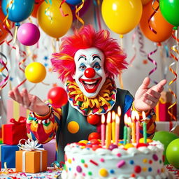 A cheerful clown celebrating a birthday, surrounded by colorful balloons and a festive cake adorned with candles