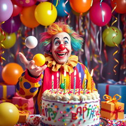 A cheerful clown celebrating a birthday, surrounded by colorful balloons and a festive cake adorned with candles