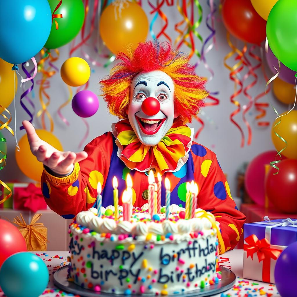A cheerful clown celebrating a birthday, surrounded by colorful balloons and a festive cake adorned with candles