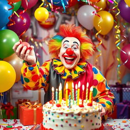A cheerful clown celebrating a birthday, surrounded by colorful balloons and a festive cake adorned with candles