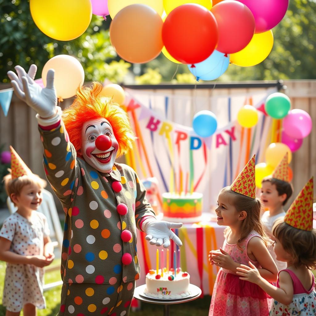 A whimsical and colorful birthday party scene featuring a cheerful clown