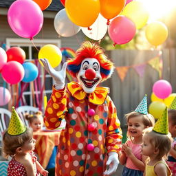 A whimsical and colorful birthday party scene featuring a cheerful clown
