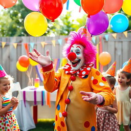 A whimsical and colorful birthday party scene featuring a cheerful clown