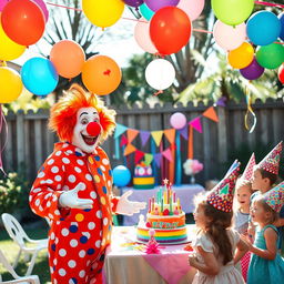 A whimsical and colorful birthday party scene featuring a cheerful clown