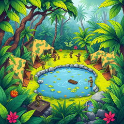 A vibrant cartoon illustration depicting a bustling army camp nestled in a lush jungle setting