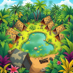 A vibrant cartoon illustration depicting a bustling army camp nestled in a lush jungle setting