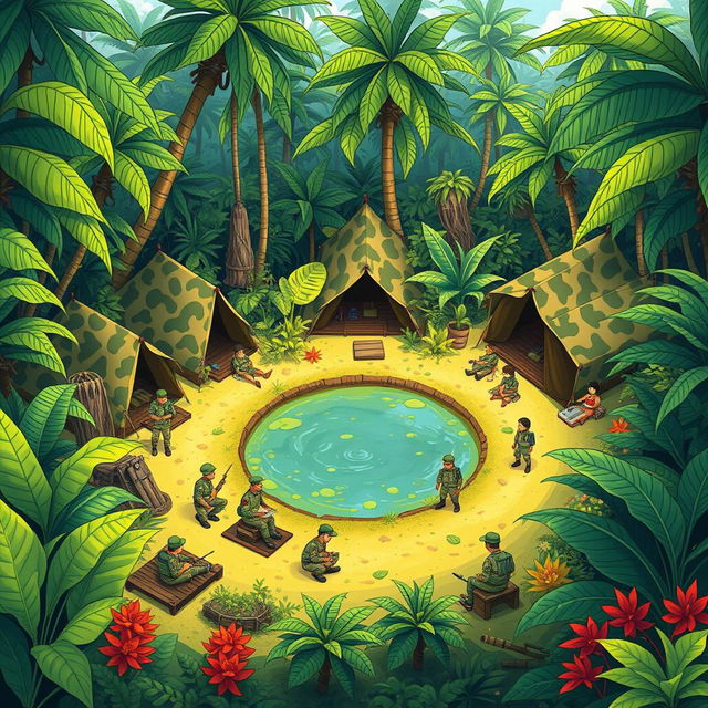 A vibrant cartoon illustration depicting a bustling army camp nestled in a lush jungle setting
