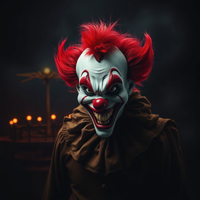 A dark and eerie background featuring a sinister-looking clown
