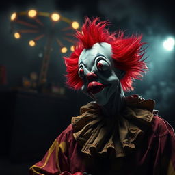 A dark and eerie background featuring a sinister-looking clown