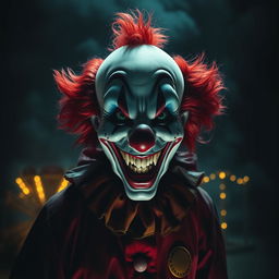 A dark and eerie background featuring a sinister-looking clown