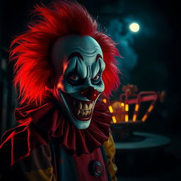 A dark and eerie background featuring a sinister-looking clown