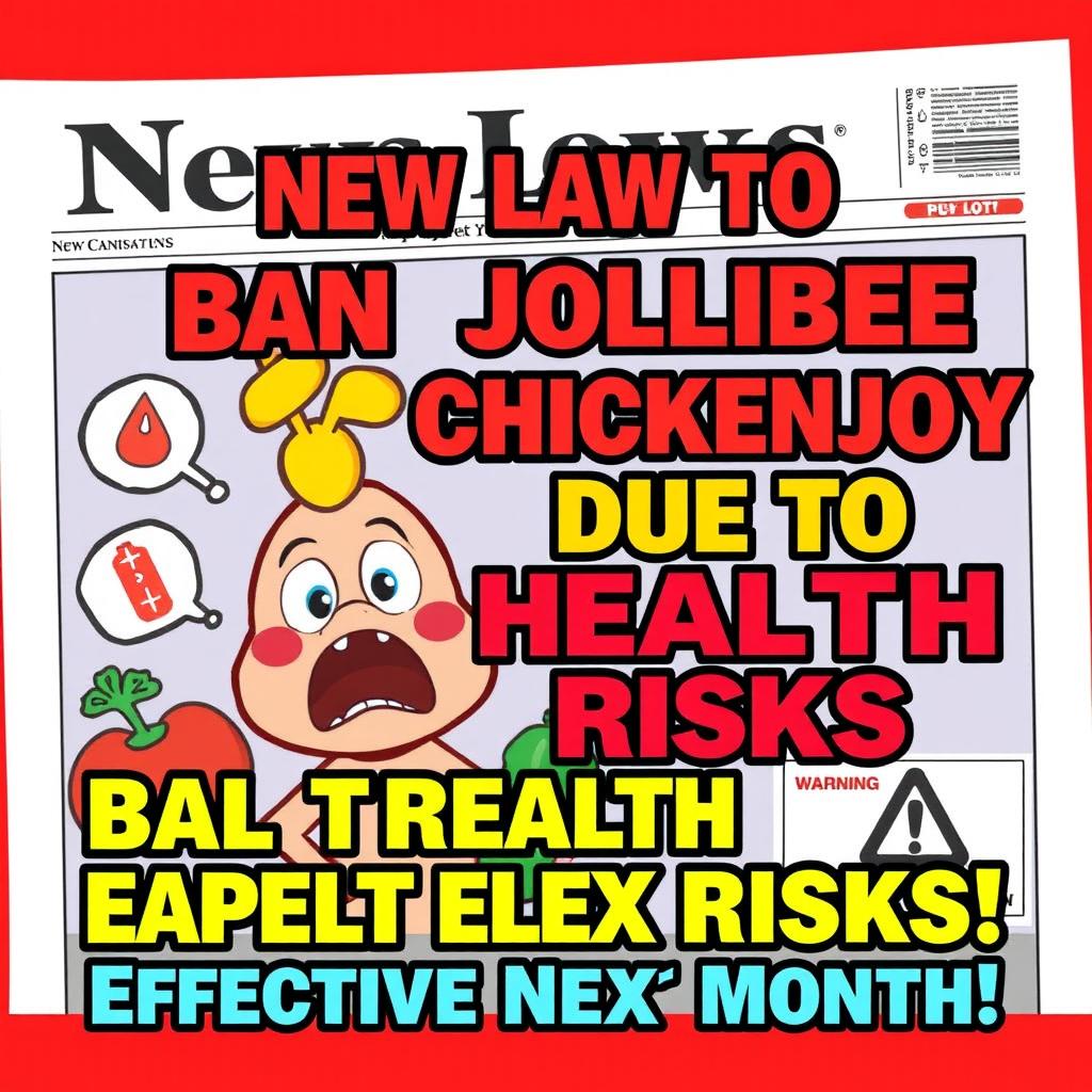 A satirical newspaper headline graphic featuring the text 'New Law to Ban Jollibee Chickenjoy Due to Health Risks, Effective Next Month!' in bold, attention-grabbing typography