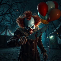 A menacing killer clown lurking in a dark, eerie carnival setting, surrounded by creepy circus tents and abandoned rides