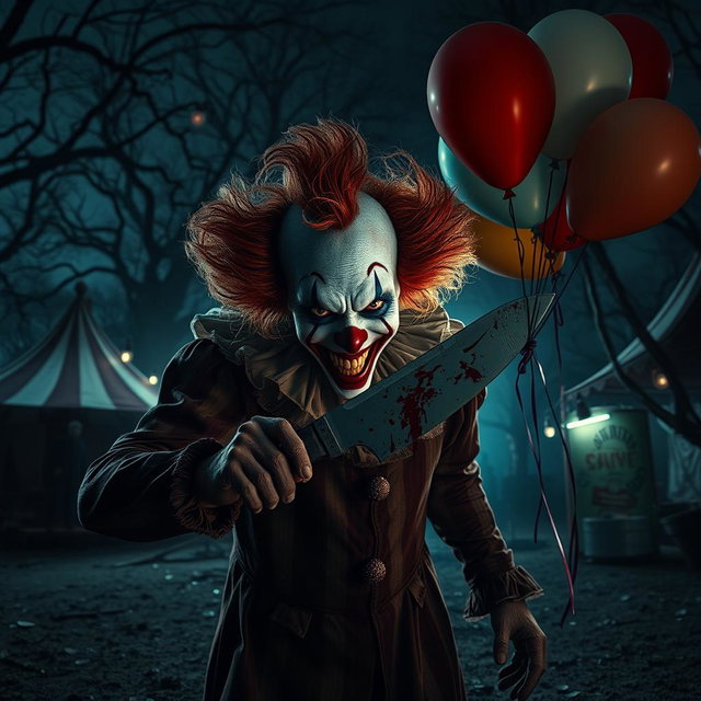 A menacing killer clown lurking in a dark, eerie carnival setting, surrounded by creepy circus tents and abandoned rides