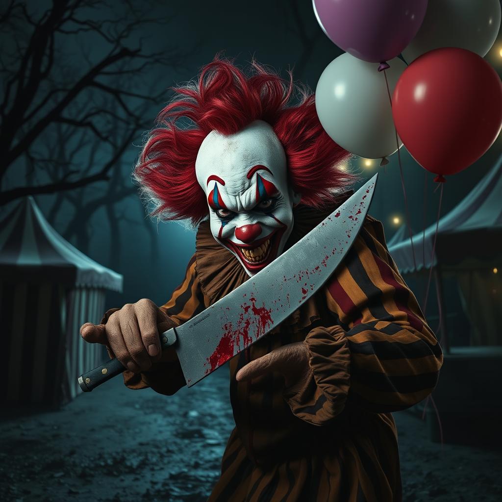A menacing killer clown lurking in a dark, eerie carnival setting, surrounded by creepy circus tents and abandoned rides