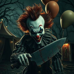 A menacing killer clown lurking in a dark, eerie carnival setting, surrounded by creepy circus tents and abandoned rides