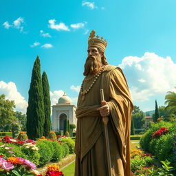 A majestic depiction of Cyrus the Great standing in the beautiful Hafezieh garden in Shiraz, Iran