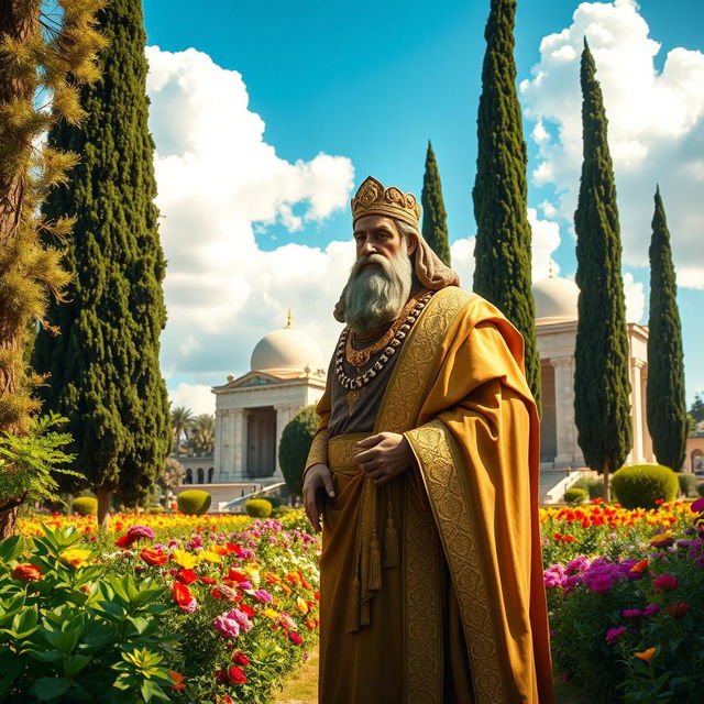 A majestic depiction of Cyrus the Great standing in the beautiful Hafezieh garden in Shiraz, Iran