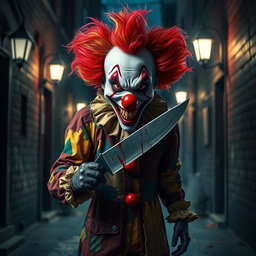 A terrifying yet fascinating killer clown standing in a dark, eerie alleyway, surrounded by flickering streetlights