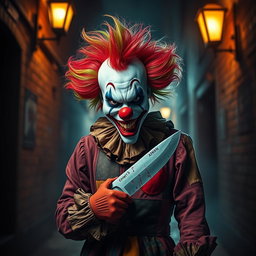 A terrifying yet fascinating killer clown standing in a dark, eerie alleyway, surrounded by flickering streetlights