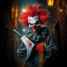A terrifying yet fascinating killer clown standing in a dark, eerie alleyway, surrounded by flickering streetlights