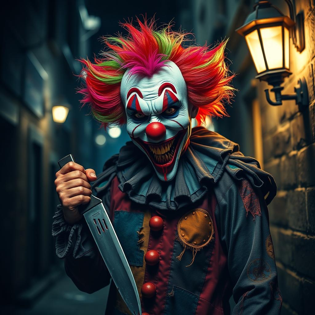 A terrifying yet fascinating killer clown standing in a dark, eerie alleyway, surrounded by flickering streetlights