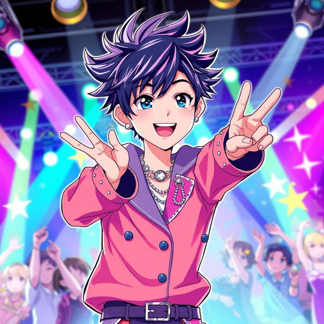 An anime-style illustration of a teenage boy idol, showcasing his bright, colorful outfit adorned with sparkly accessories