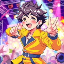 An anime-style illustration of a teenage boy idol, showcasing his bright, colorful outfit adorned with sparkly accessories