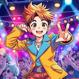 An anime-style illustration of a teenage boy idol, showcasing his bright, colorful outfit adorned with sparkly accessories