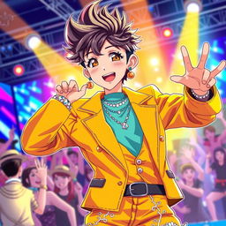 An anime-style illustration of a teenage boy idol, showcasing his bright, colorful outfit adorned with sparkly accessories